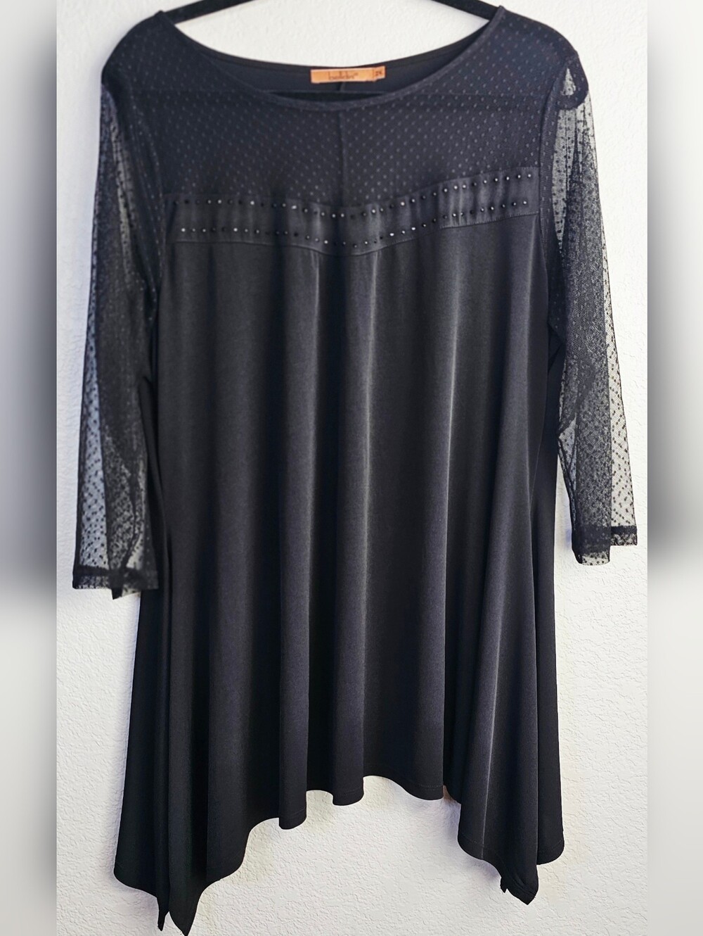 Belldini 2X Black Studded Tunic Top Mesh Sleeve Sharkbite Hem Plus Size